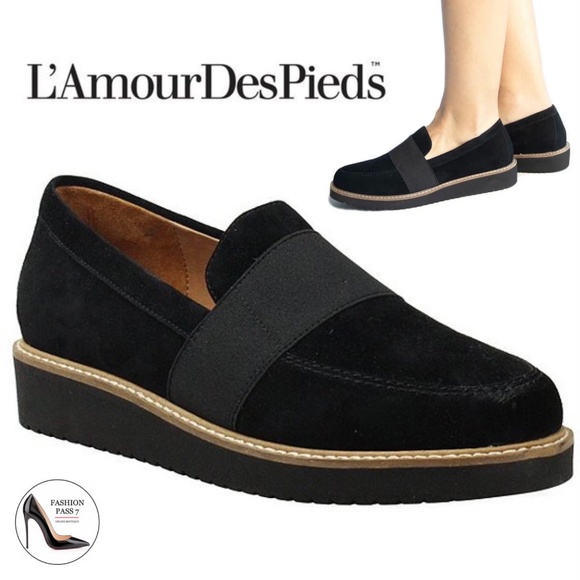 L'Amour Shoes - L'Amour Des Pieds Xanthus Black Suede Leather Platform Flat Loafer Sneaker Shoes